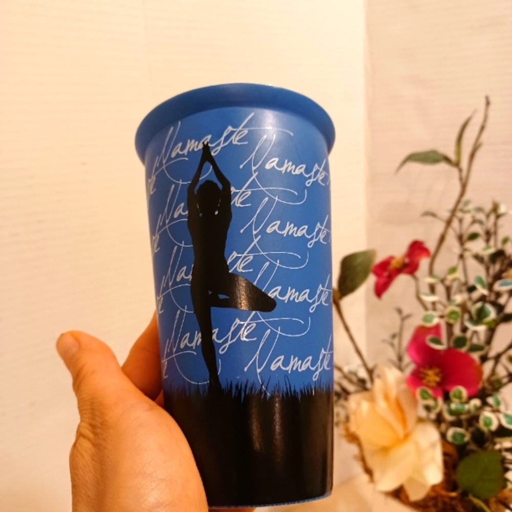New Namaste Ceramic Tall Cup, Yoga Pose Imprint Blue & Black